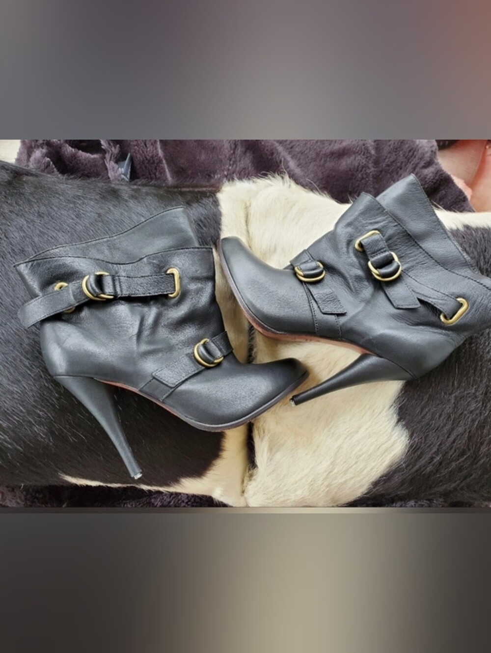 Joie Black Leather Strappy Gold Hardware Stiletto Ankle Boots
